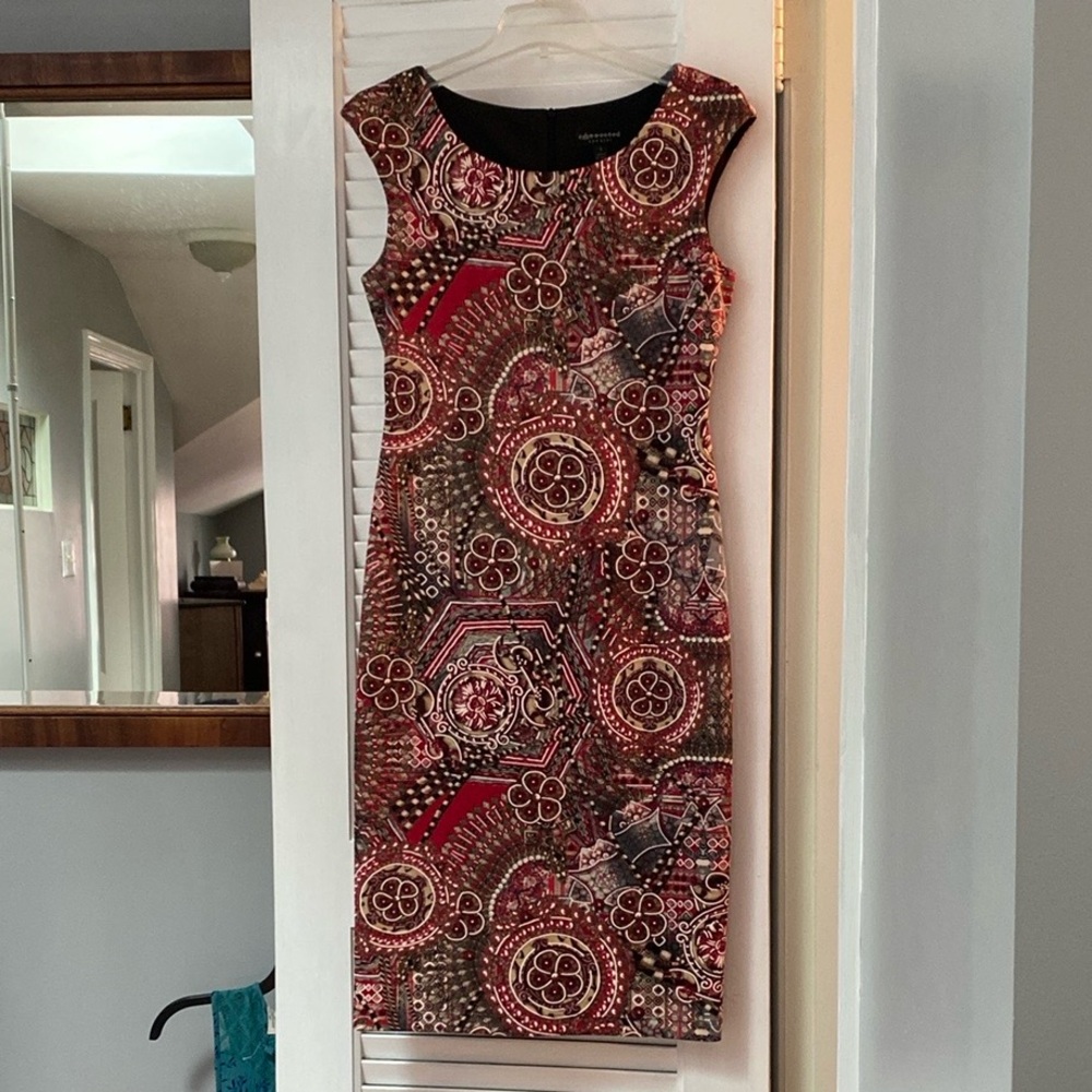 Connected Apparel Red and Black Geometric Midi Dress